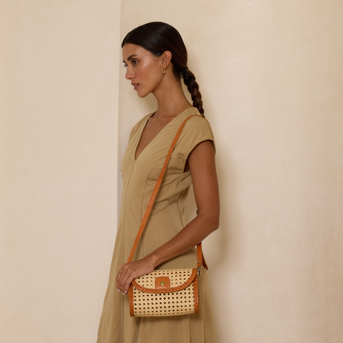 Rattan Brown Clutch with Leather Trim and Crossbody Strap
