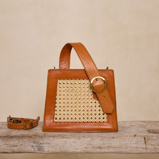 Rattan Brown Cane Summer Resort Handbag with Buckle