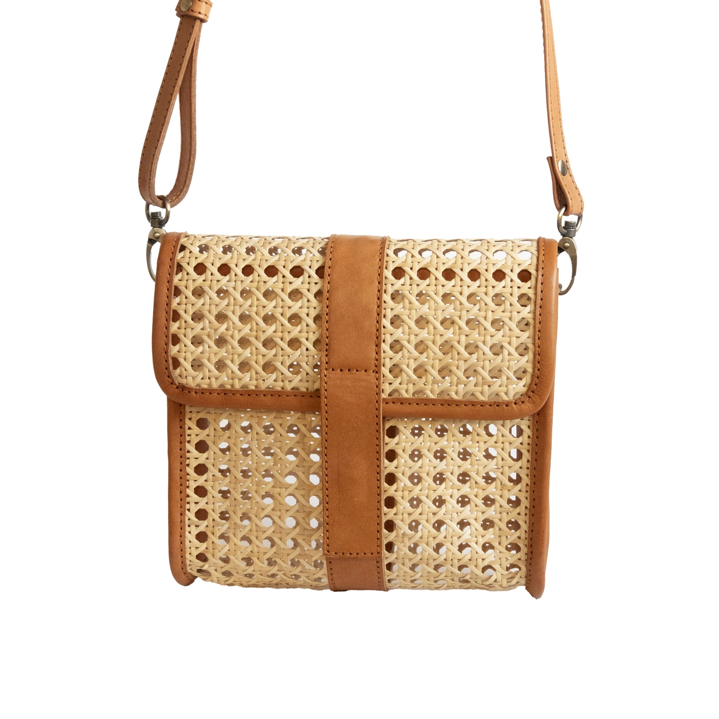 Brown Rattan Medium Clutch Leather Trim and Crossbody Strap