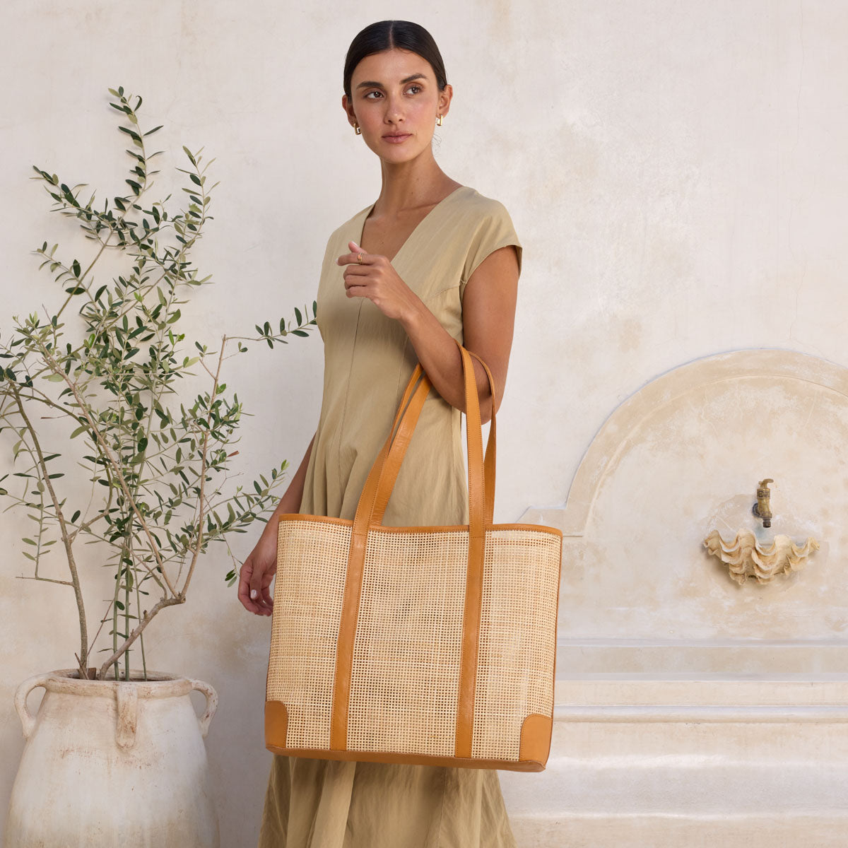 Rattan Oversized Square Weave Tote Brown Leather Crosshatch