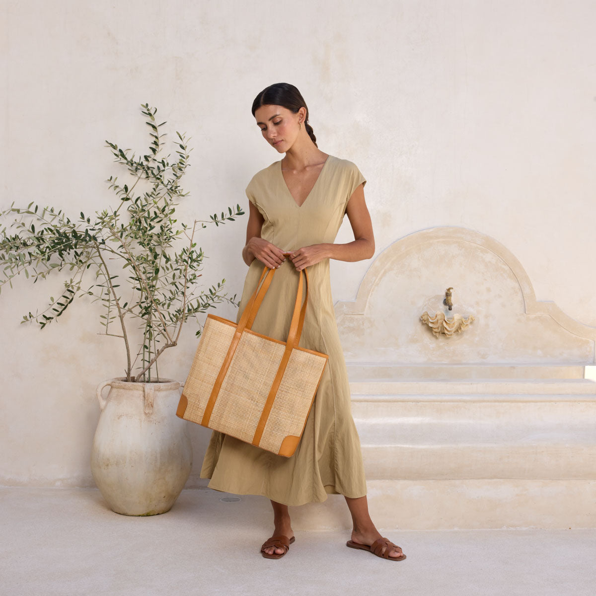 Rattan Oversized Square Weave Tote Brown Leather Crosshatch