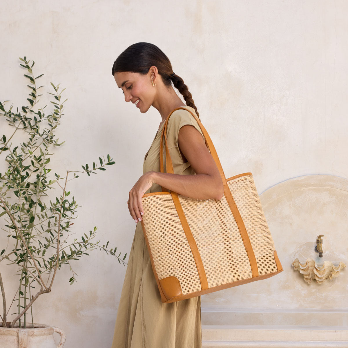 Rattan Oversized Square Weave Tote Brown Leather Crosshatch