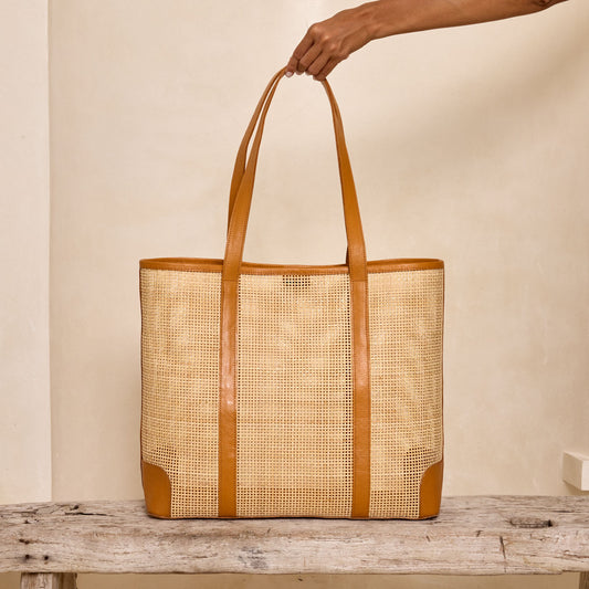 Rattan Oversized Square Weave Tote Brown Leather Crosshatch