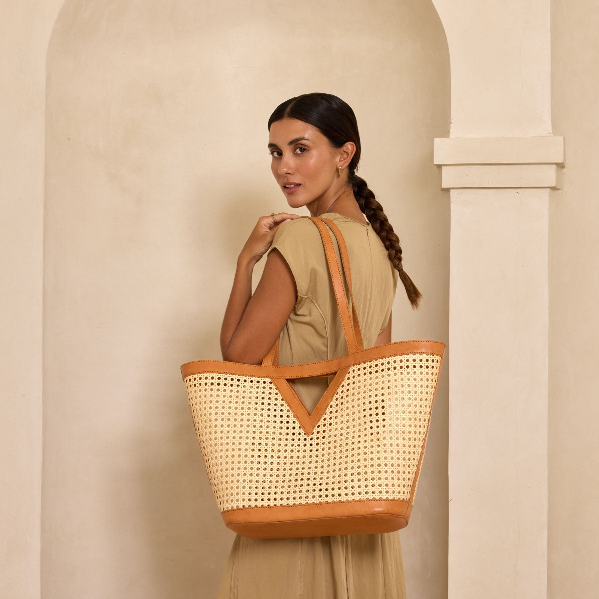 Rattan Large Square Cane Weave Woven Tote with Triangle
