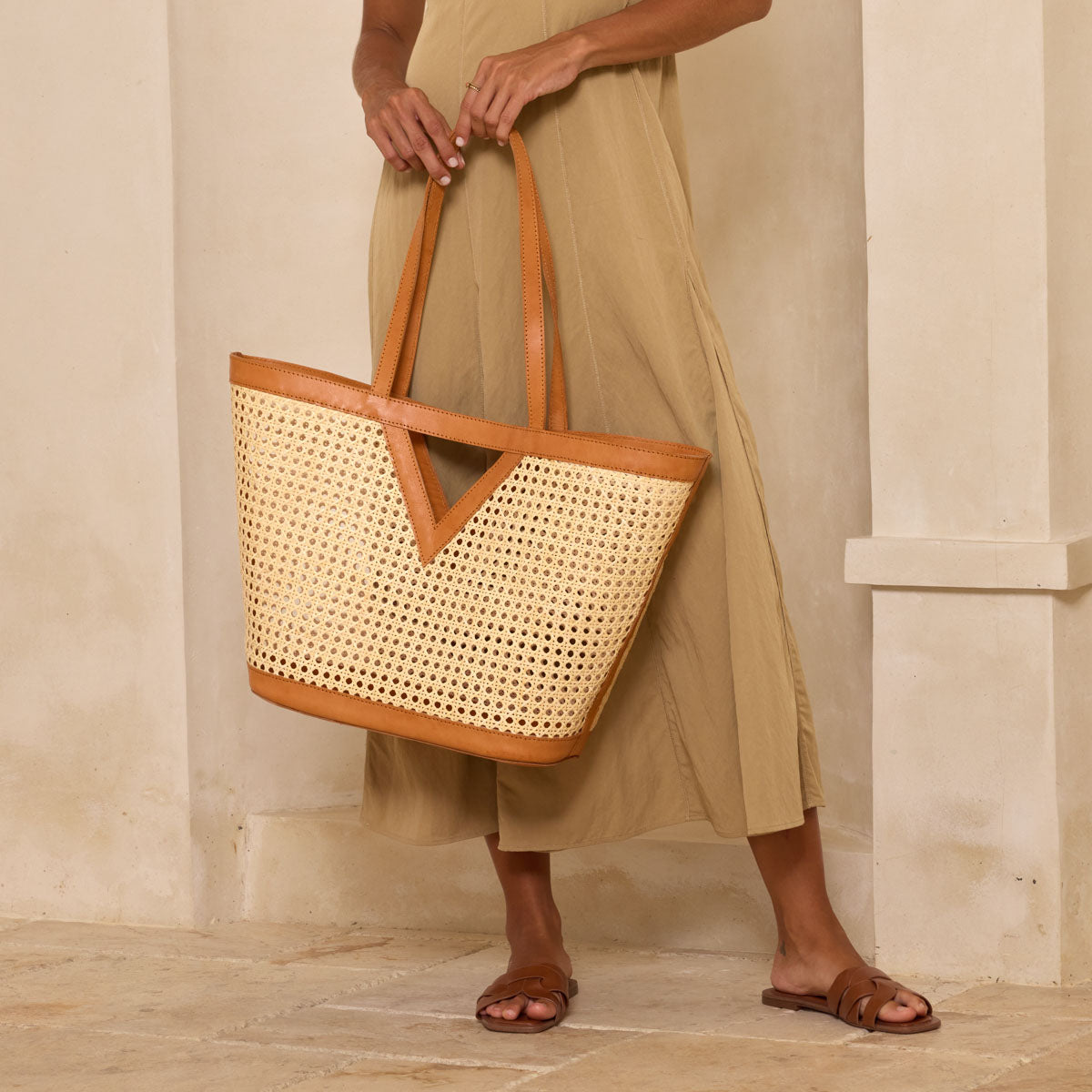 Rattan Large Square Cane Weave Woven Tote with Triangle