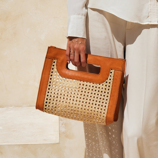 Rattan Cane Weave Handbag - Brown Leather Trim