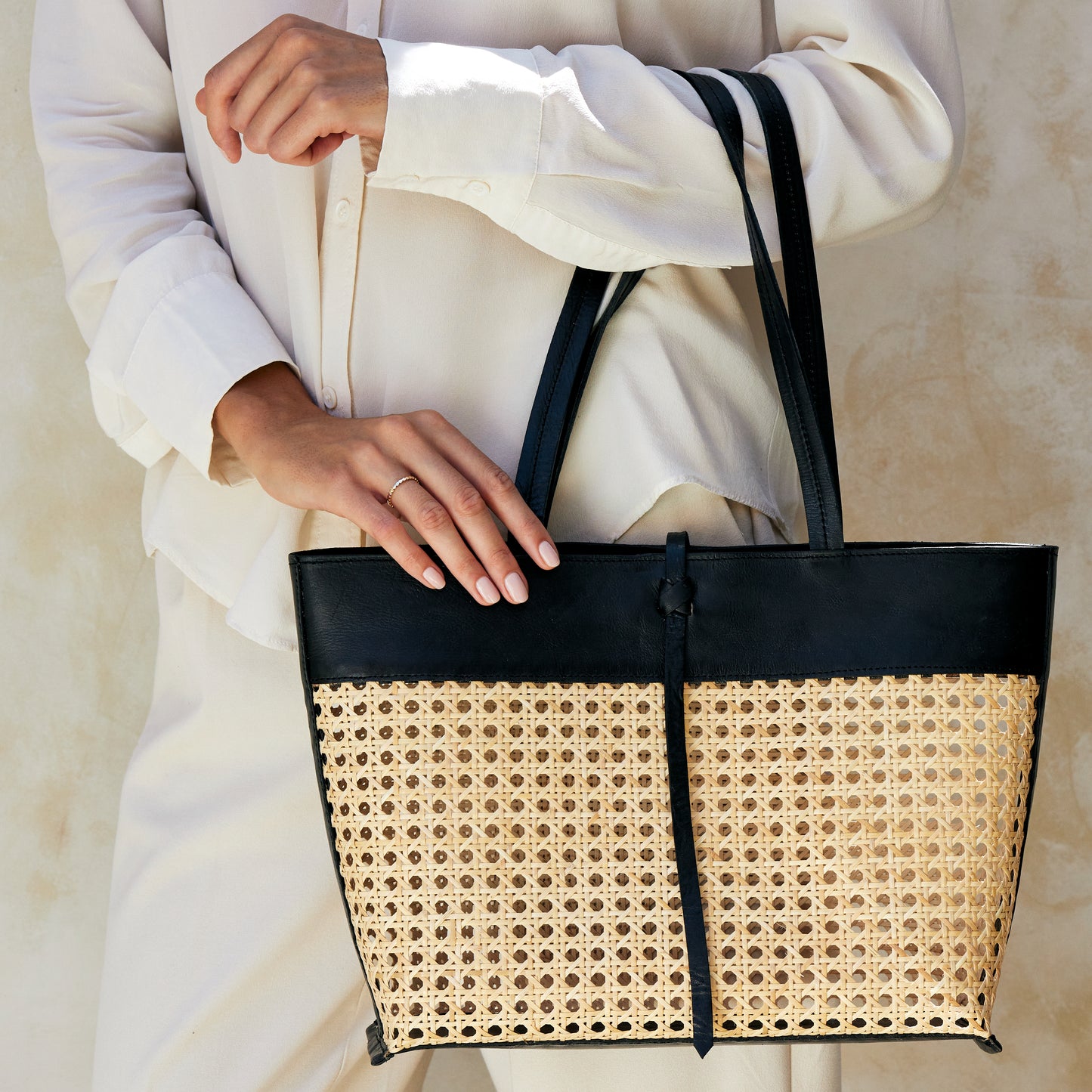 Rattan Cane Weave Woven Tote Bag with Black Leather Trim