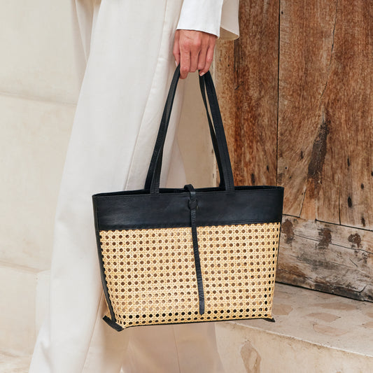 Rattan Cane Weave Woven Tote Bag with Black Leather Trim