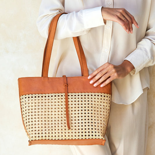 Rattan Cane Weave Woven Tote Bag with Brown Leather Trim