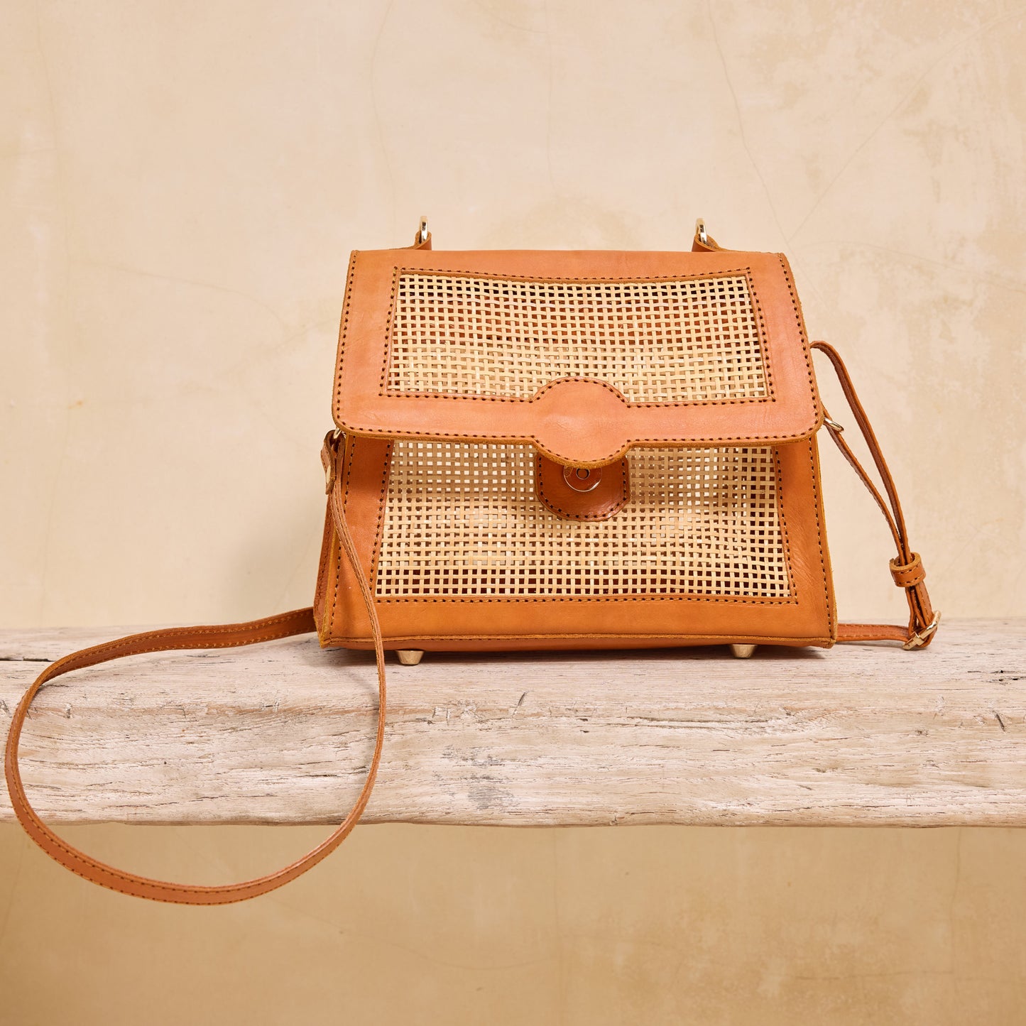 Rattan Crosshatch Weave Handbag with Bamboo Handle