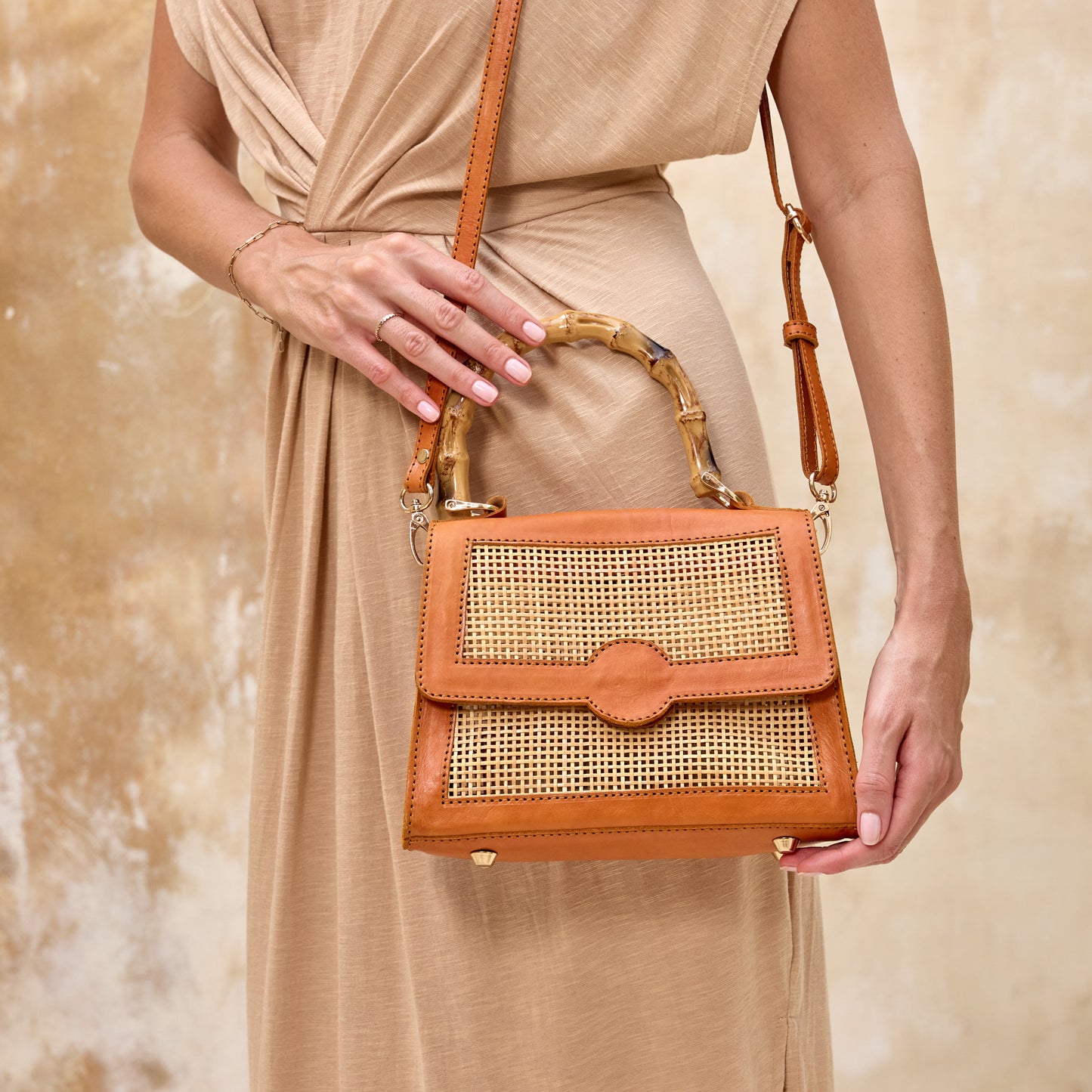 Rattan Crosshatch Weave Handbag with Bamboo Handle