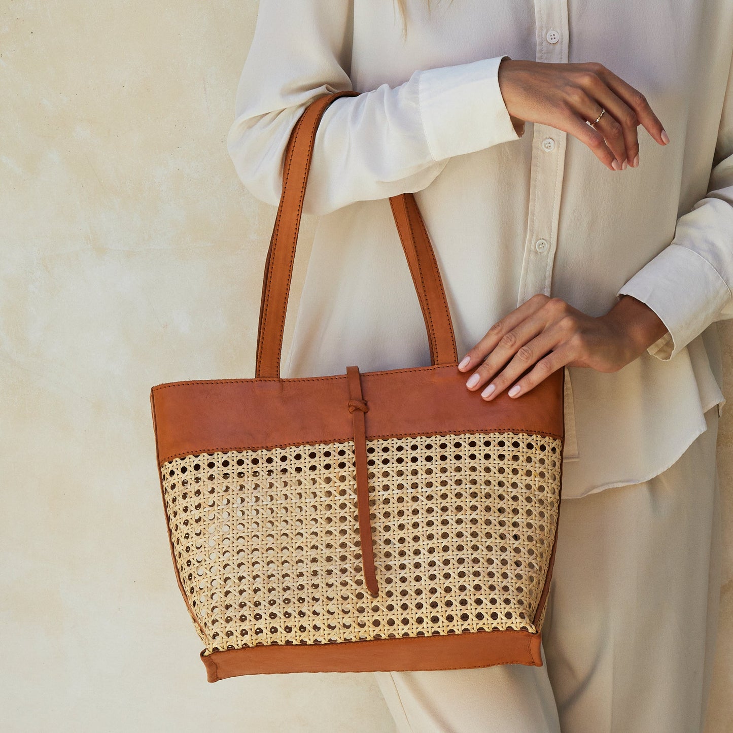 Pre-Order (Ships Sep 15) Rattan Cane Weave Woven Tote Bag with Brown Leather Trim