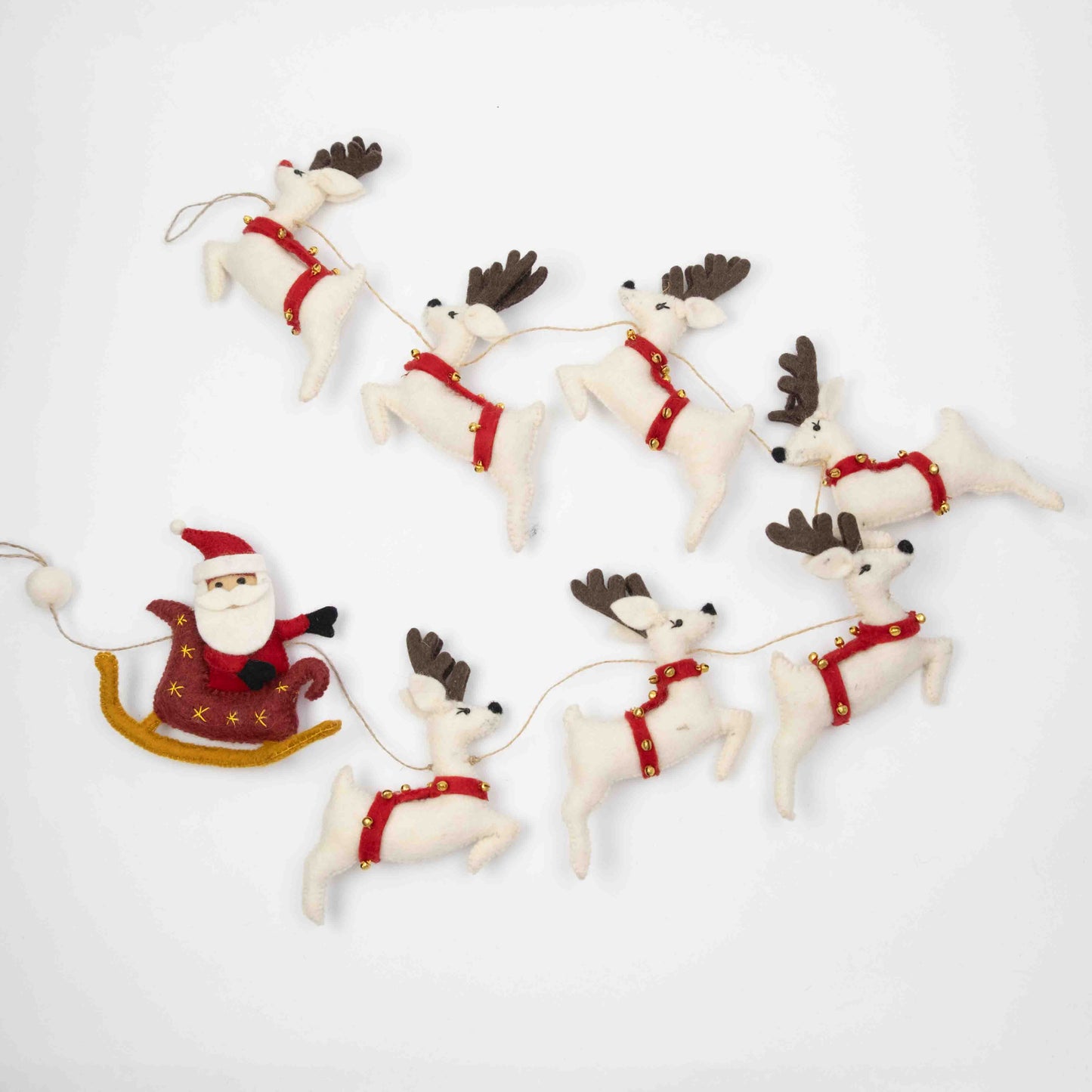 Garland - Christmas - Santa Sleigh and 7 Reindeer - White