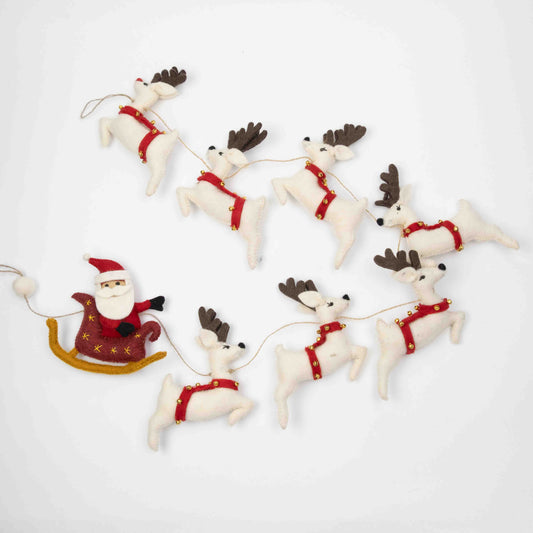 Garland - Christmas - Santa Sleigh and 7 Reindeer - White