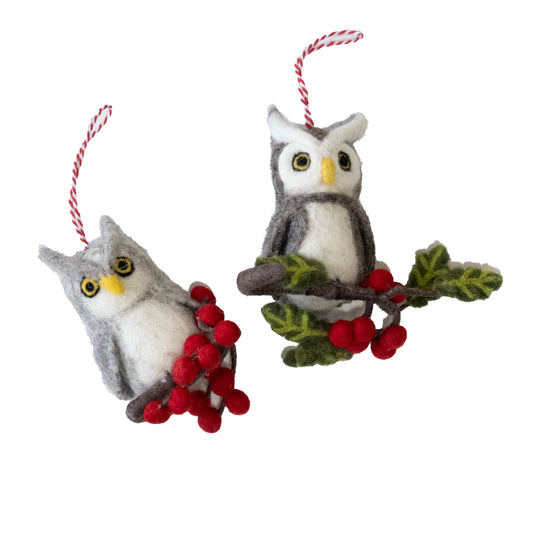 Ornament - Felted Owl on branch with red holly berries