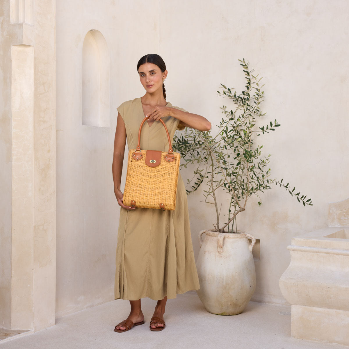 Large Rattan Handbag with Leather Flap Twist Closure