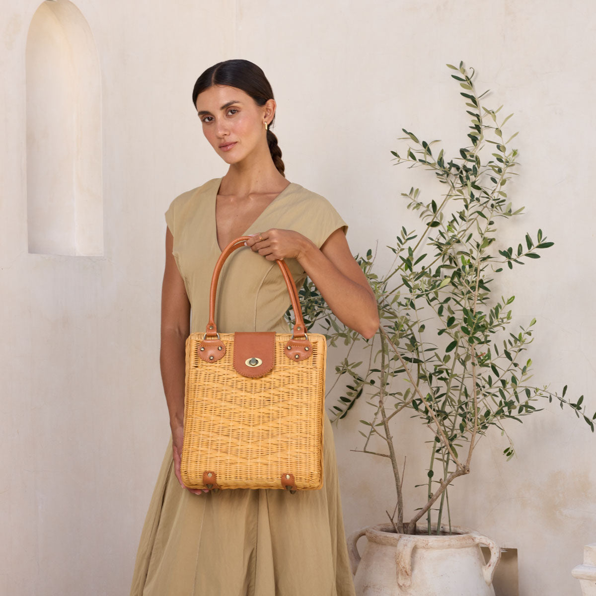 Large Rattan Handbag with Leather Flap Twist Closure