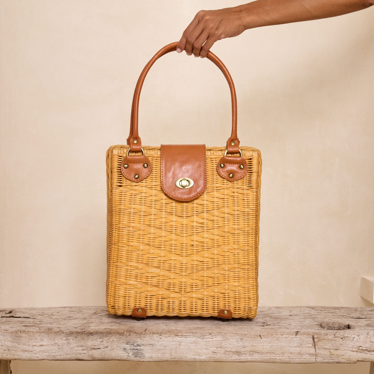 Large Rattan Handbag with Leather Flap Twist Closure
