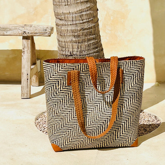 Oversized Rattan Tote Bag with Brown Leather Trim