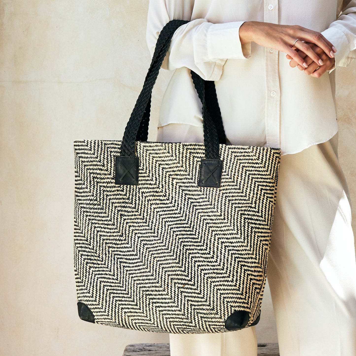 Rattan Oversized Tote - Black Leather Straps