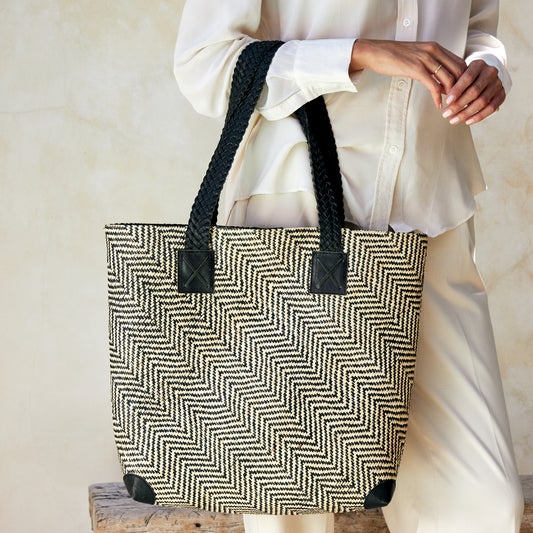 Rattan Oversized Woven Tote Bag with Black Leather Trim