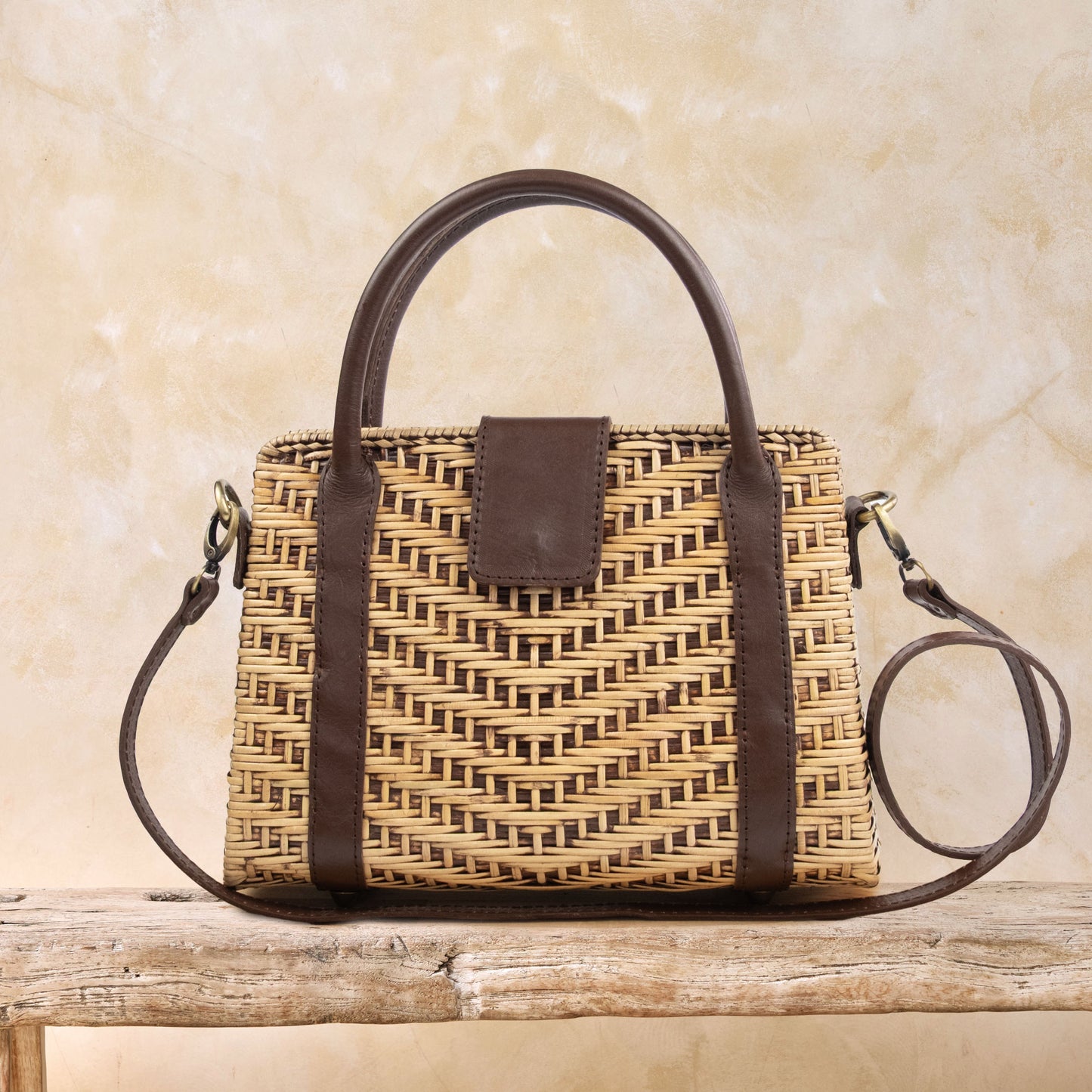 Rattan Medium Summer Resort Handbag with Leather Trim