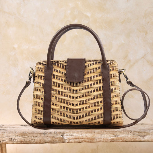 Rattan Medium Summer Resort Handbag with Leather Trim