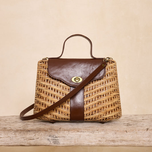 Rattan Dark Brown Leather Strap Handbag Crossbody