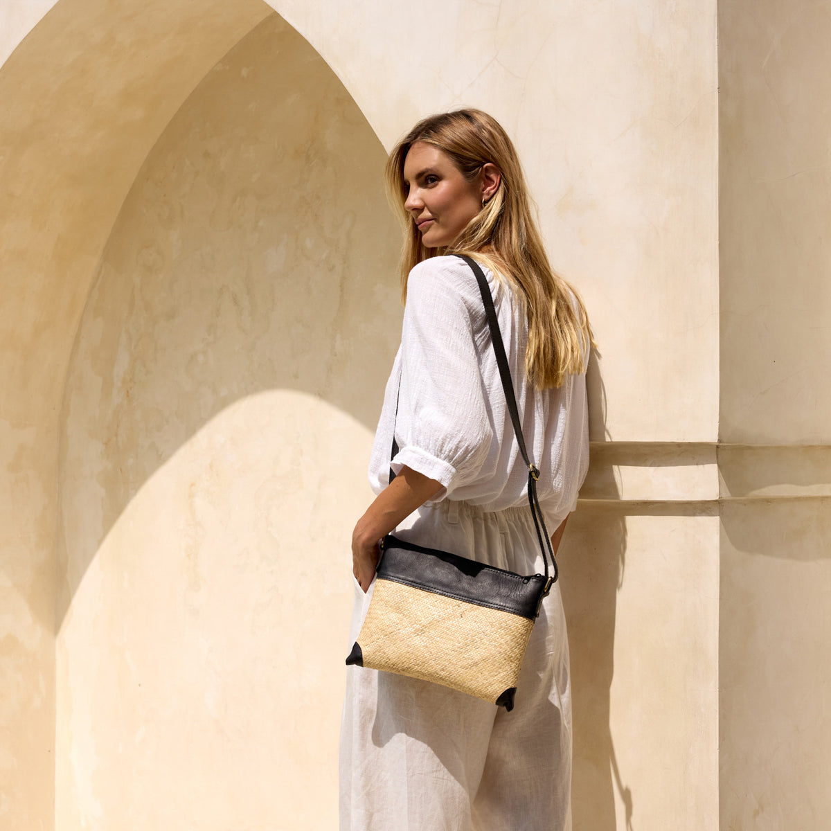 Rattan Summer Resort  Crossbody Bag with Dark Leather Trim