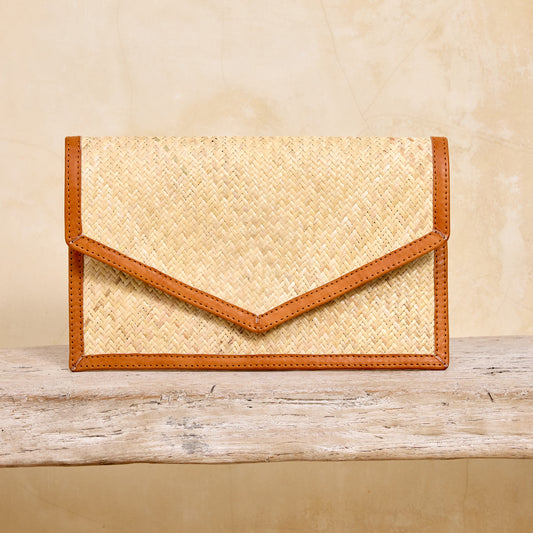 Ivory Rattan Summer Resort Clutch with Brown Leather Trim