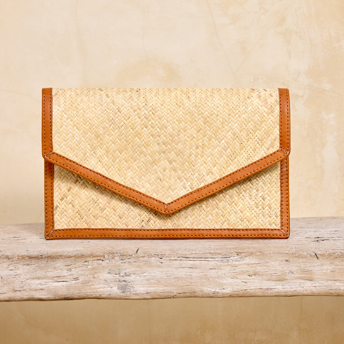 Ivory Rattan Summer Resort Clutch with Brown Leather Trim