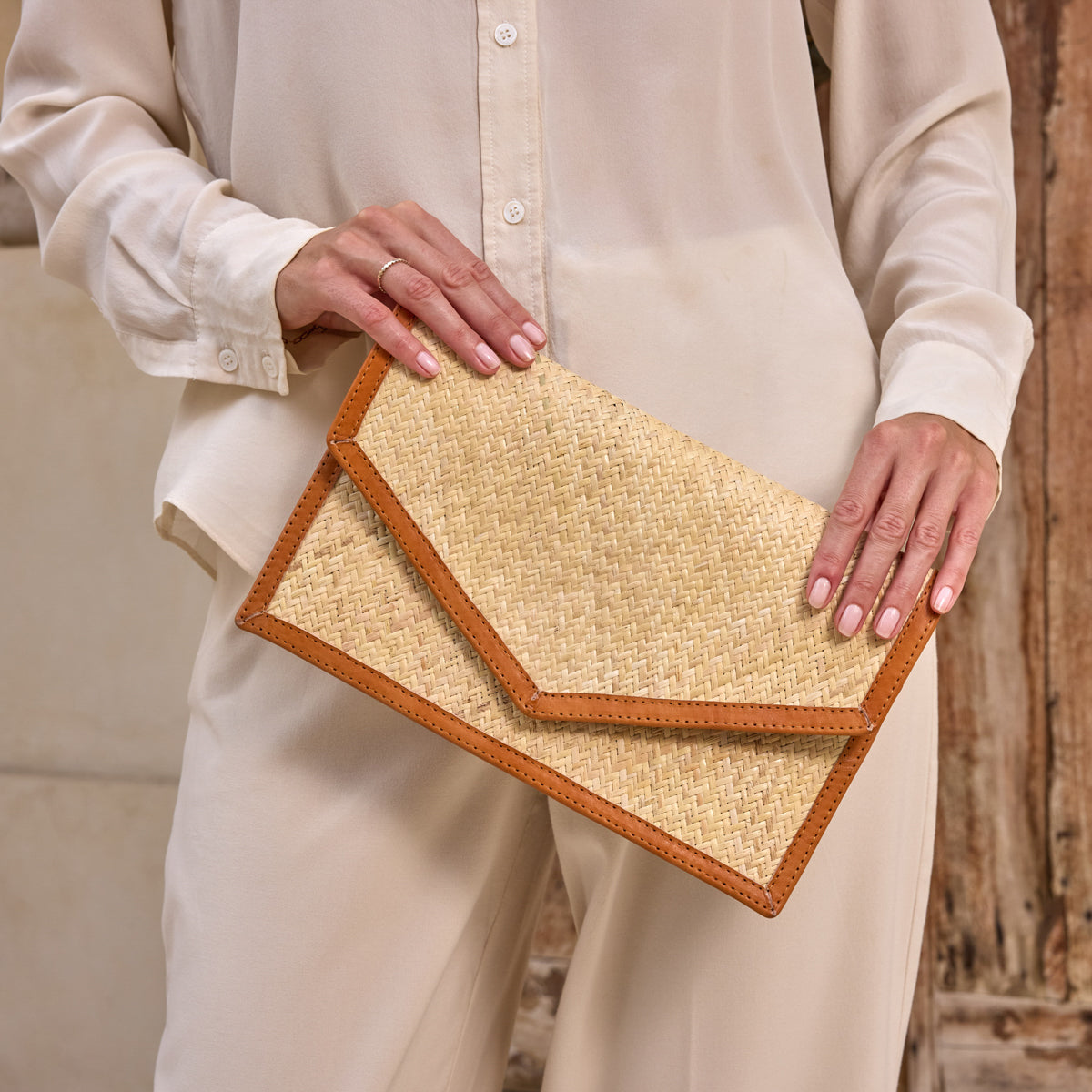 Ivory Rattan Summer Resort Clutch with Brown Leather Trim