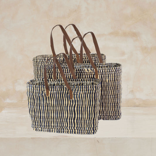 Moroccan Market Basket Set of 3 Midnight Stripe Long Strap