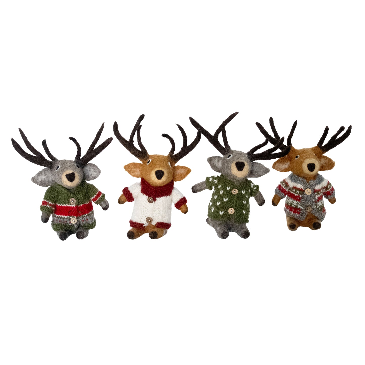 Sitting Reindeer with Handknit Sweaters