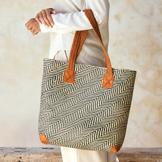 Rattan Oversized Tote - Brown Leather Straps