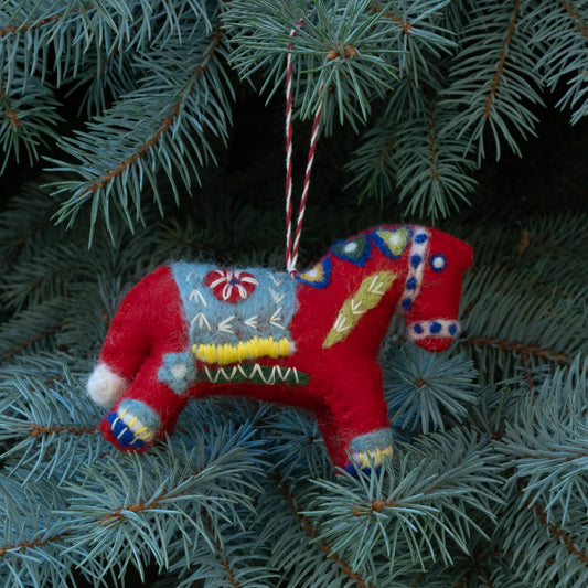 Ornament - Red Swedish Dala Horse, Hand Embroidered