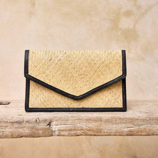 Pre-Order Ivory Rattan Summer Resort Clutch with Black Leather Trim