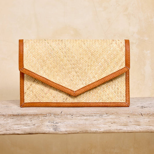 Ivory Rattan Summer Resort Clutch with Brown Leather Trim