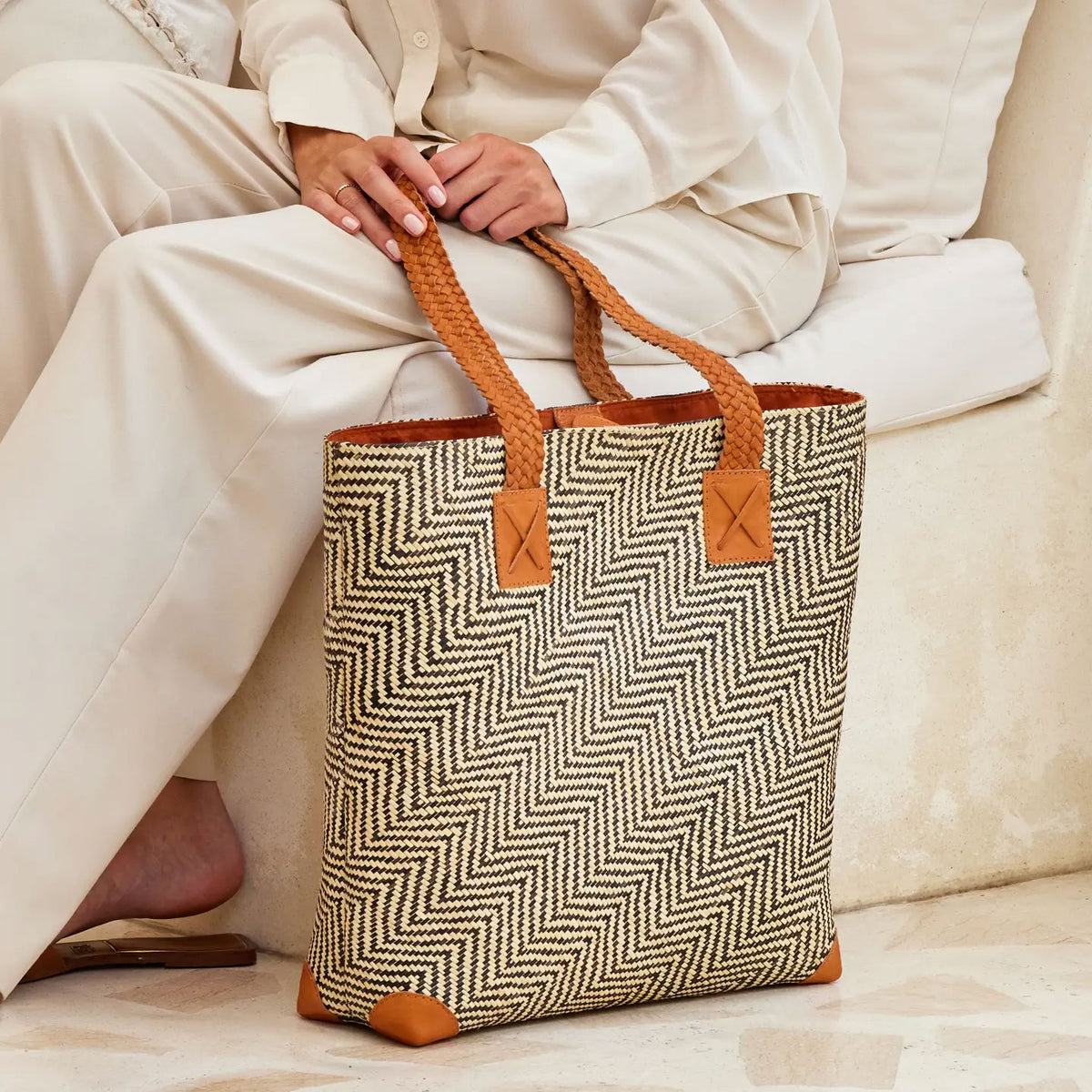 Pre-Order (Ships Oct 30) Rattan Oversized Tote Bag with Brown Leather Trim
